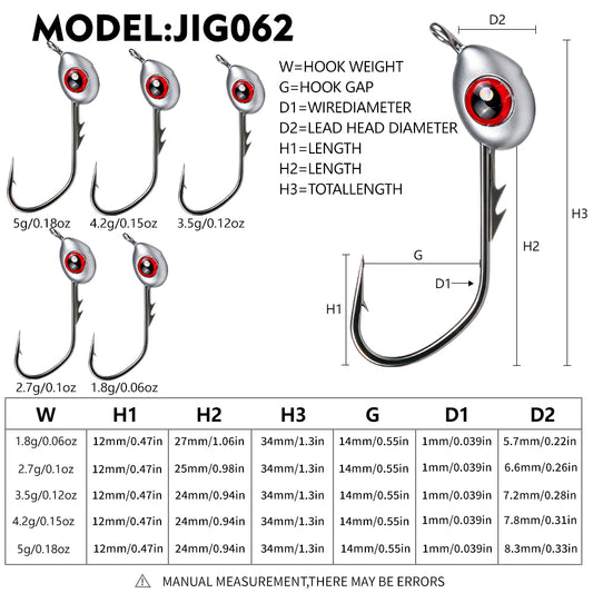 PROBEROS JIG062 3D Fish Eye Jig Head Size Chart 1.8g 2.7g 3.5g 4.2g 5g Dimensions