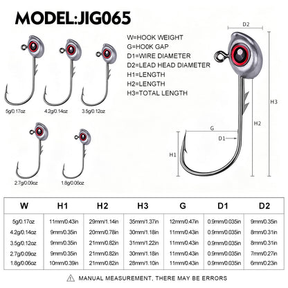 PROBEROS JIG065 3D eye lead jig head hook dimensions and weight chart 1.8g 2.7g 3.5g 4.2g 5g
