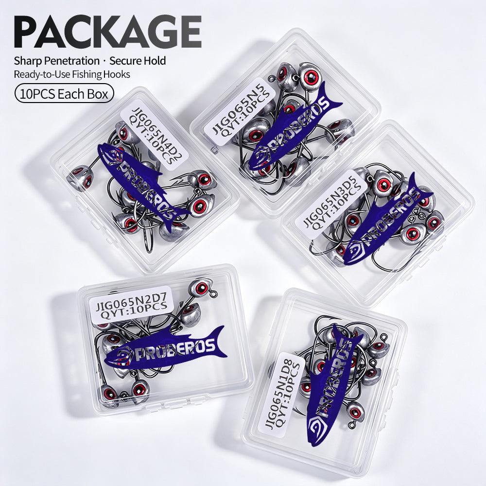 Proberos JIG065 3D eye lead head jig hooks 10pcs in transparent plastic PP box