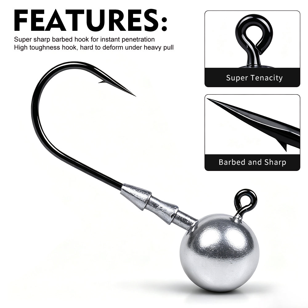 Close up of Proberos JIG066 sharp barbed hook tip and round lead ball structure