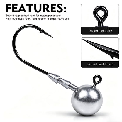 Close up of Proberos JIG066 sharp barbed hook tip and round lead ball structure