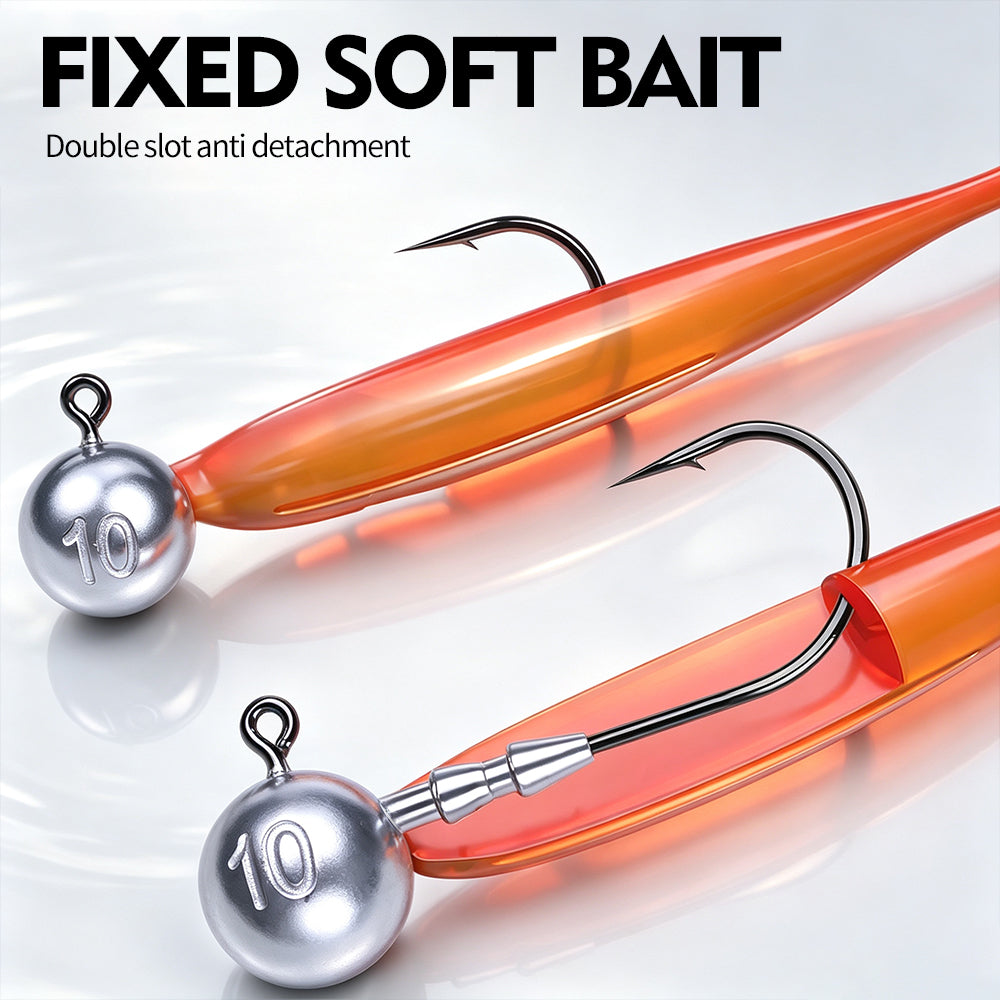Proberos JIG066 ball lead head jig hook with double slot anti-detachment bait keeper rigged with soft plastic lure for bass fishing