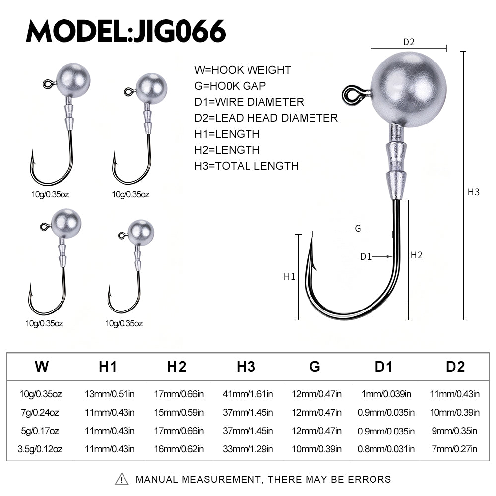 Proberos JIG066 ball jig head dimensions chart 3.5g 5g 7g 10g