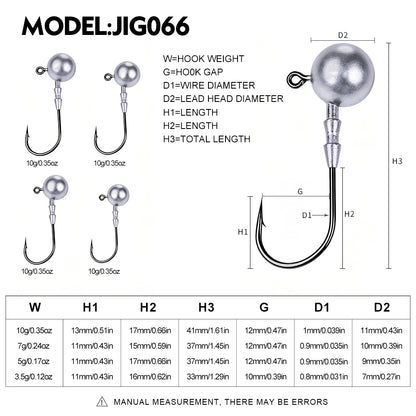 Proberos JIG066 ball jig head dimensions chart 3.5g 5g 7g 10g
