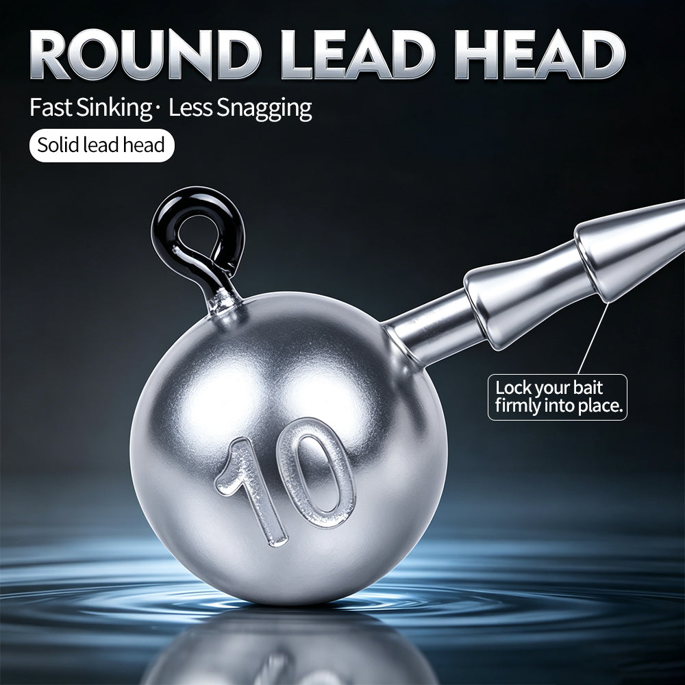Close-up of Proberos JIG066 round lead head showing 10g weight mark, fast sinking balance, and double bait keeper to lock lure firmly in place