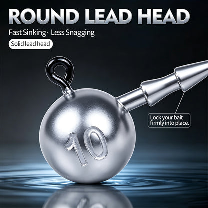 Close-up of Proberos JIG066 round lead head showing 10g weight mark, fast sinking balance, and double bait keeper to lock lure firmly in place