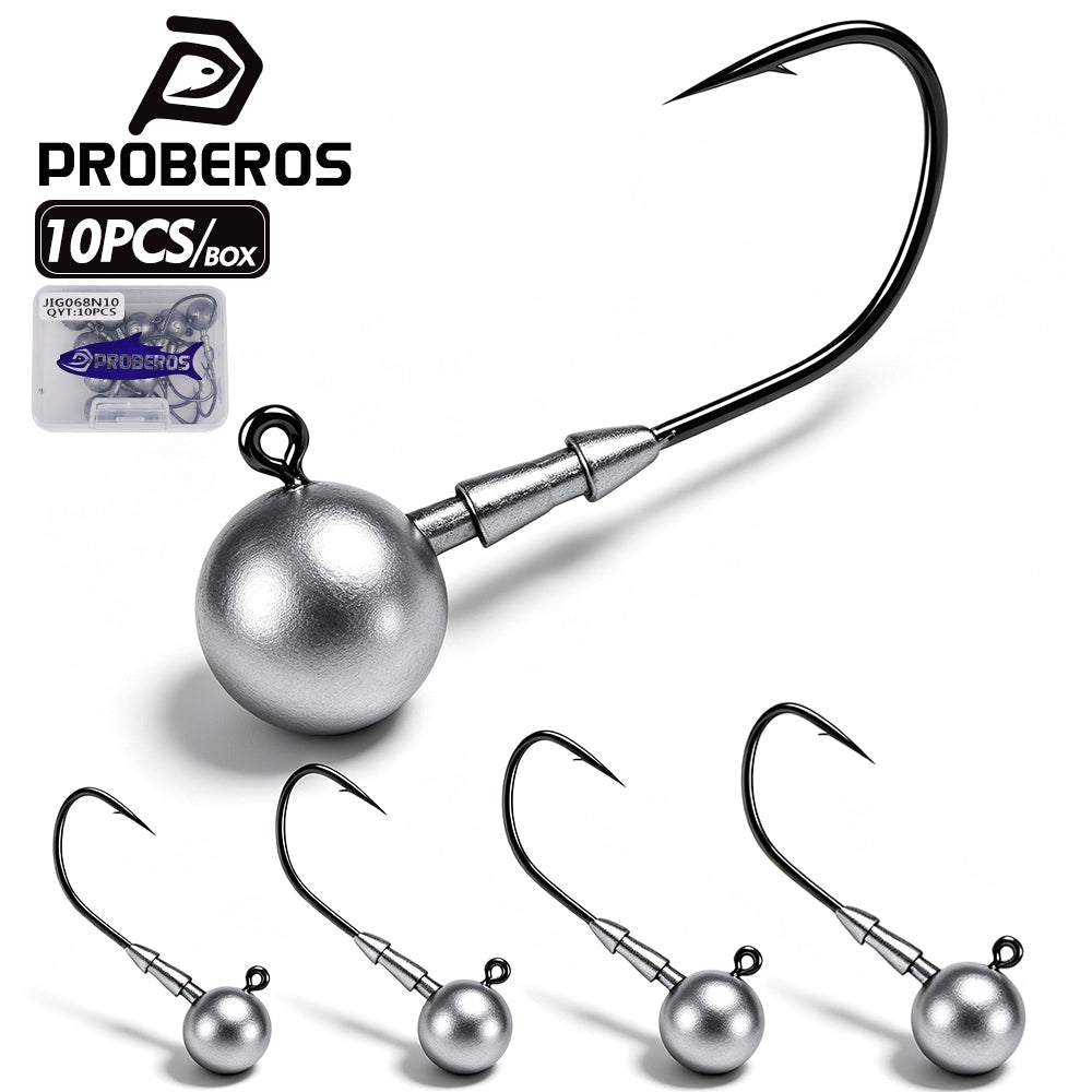 PROBEROS JIG068 10pcs round ball lead jig head hooks set with dual bait keepers