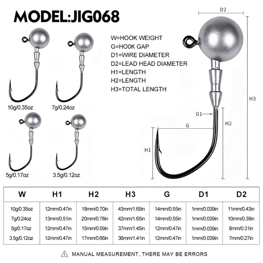 PROBEROS JIG068 ball lead jig head hooks size chart showing 1.8g to 5g hook dimensions