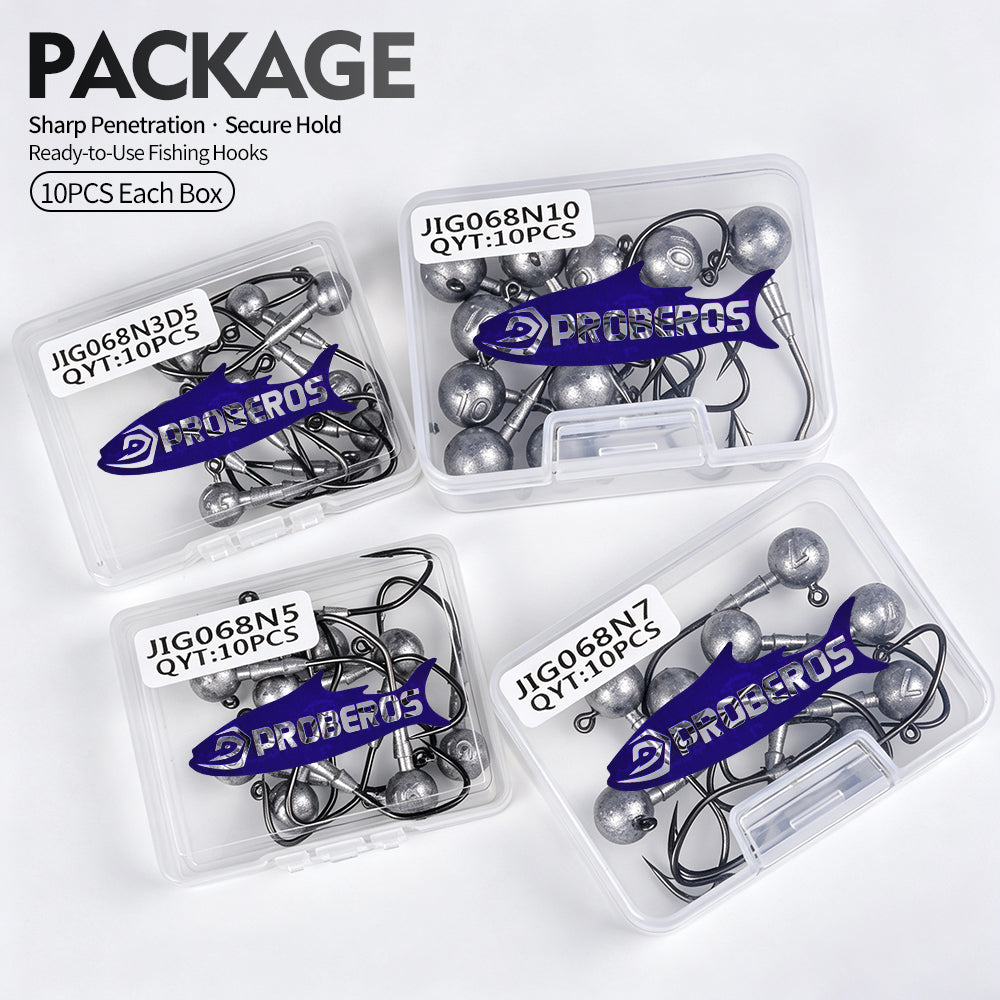 Compact plastic tackle box packaging containing 10pcs PROBEROS ball lead jig heads