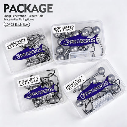 Compact plastic tackle box packaging containing 10pcs PROBEROS ball lead jig heads