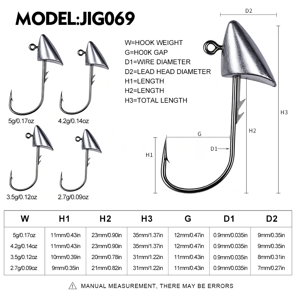PROBEROS JIG069 lead bullet jig head hook size chart showing weights from 2.7g to 5g