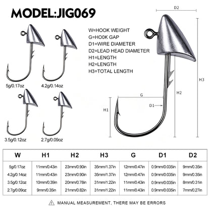 PROBEROS JIG069 lead bullet jig head hook size chart showing weights from 2.7g to 5g