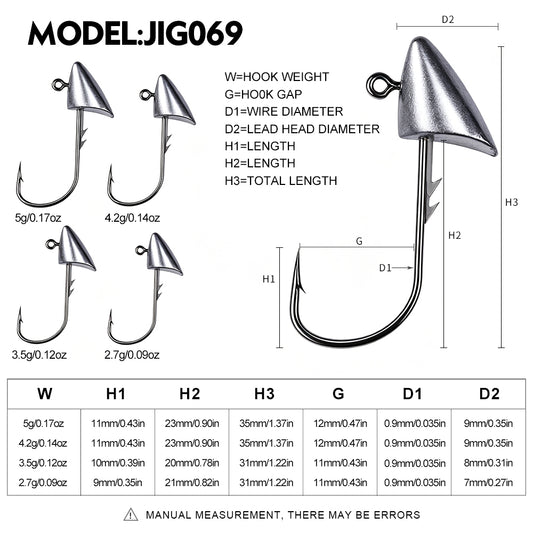 PROBEROS JIG069 lead bullet jig head hook size chart showing weights from 2.7g to 5g