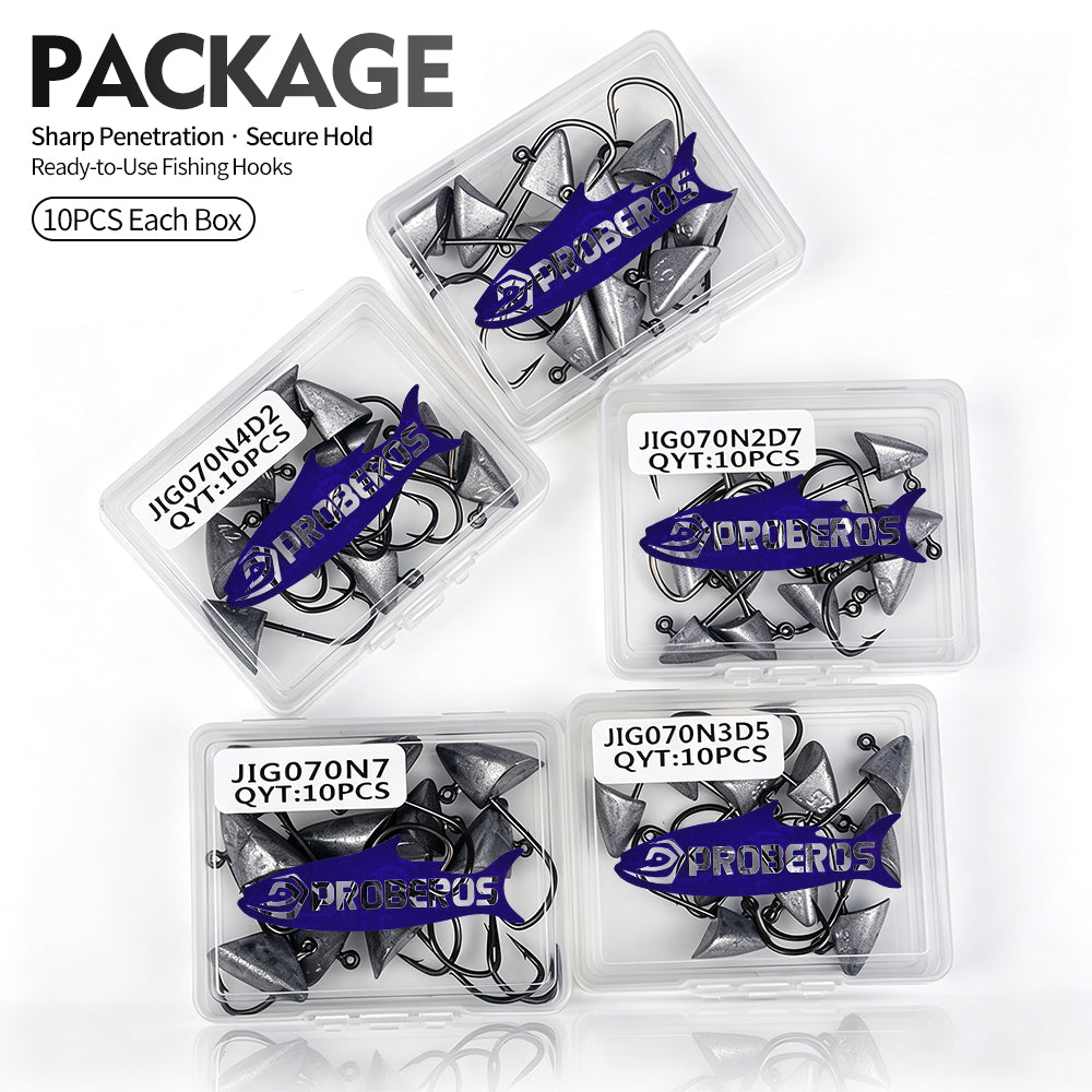 10PCS PROBEROS JIG070 bullet lead jig head hooks in plastic tackle box