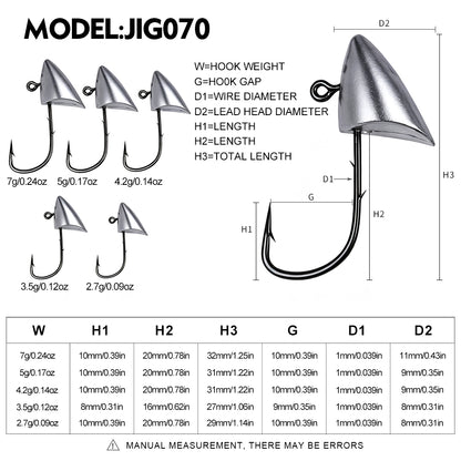 Size and weight chart for PROBEROS JIG070 bullet jig heads ranging from 2.7g to 7g