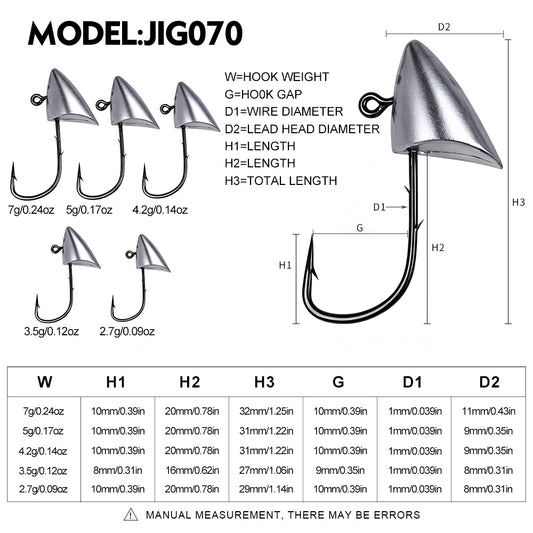 Size and weight chart for PROBEROS JIG070 bullet jig heads ranging from 2.7g to 7g