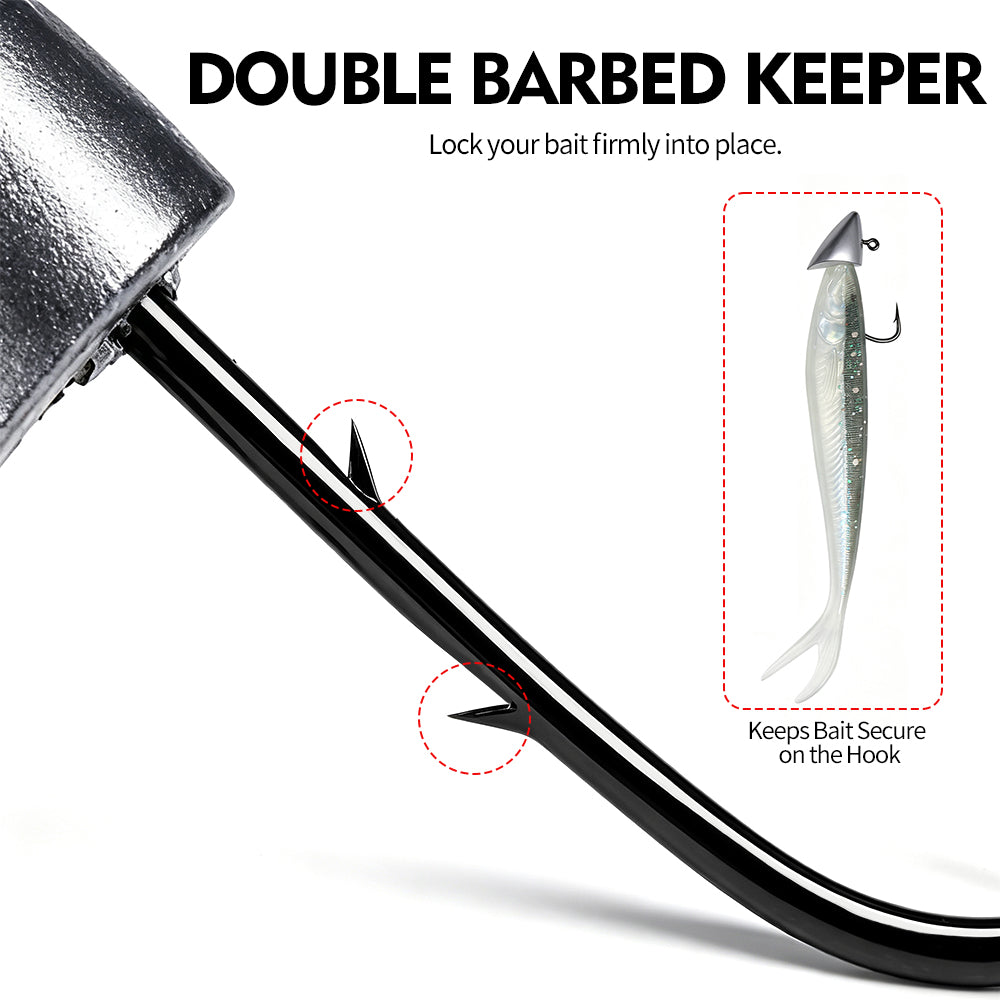Close up of high carbon steel double barbed hook and bait keeper collar