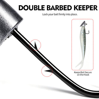Close up of high carbon steel double barbed hook and bait keeper collar