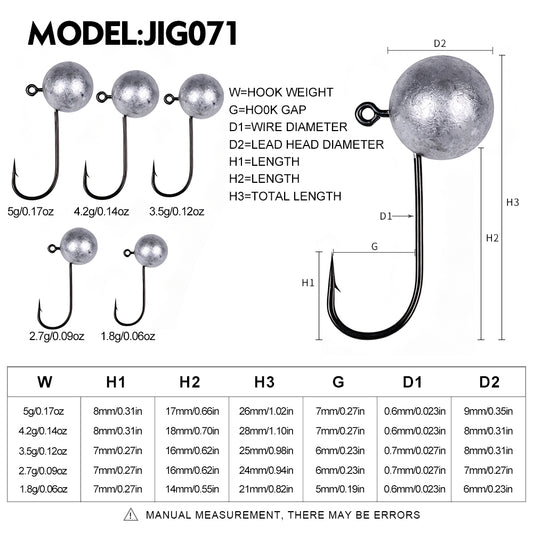 Proberos JIG071 lead jig head size and weight chart from 1.8g to 5g