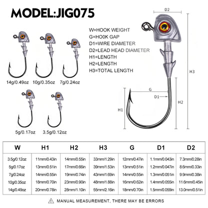 High carbon steel barbed single hooks showing the streamlined fish-shaped lead head and bait keeper.