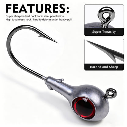 Key features of PROBEROS JIG076 underspin-style round lead head hooks with high carbon steel composition for bass fishing.