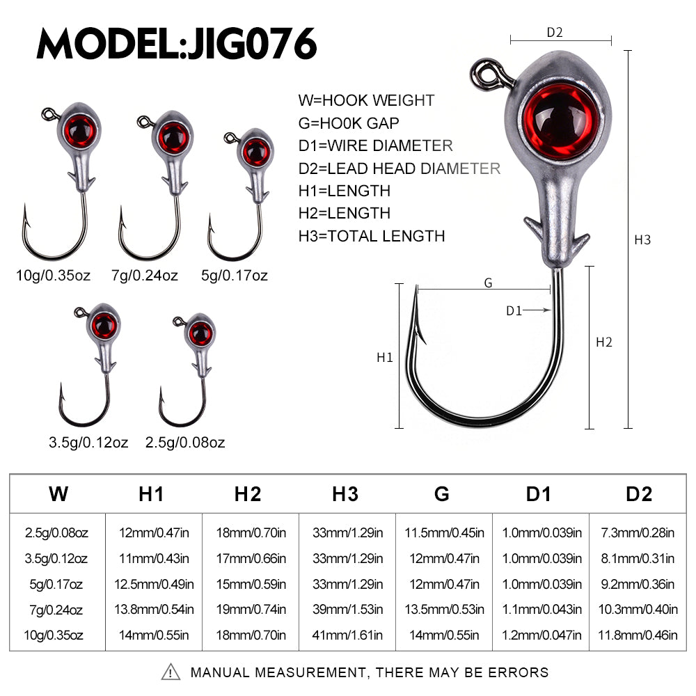 Size and weight specifications chart for PROBEROS JIG076 soft bait lead jig head hooks ranging from 2.5g to 10g.