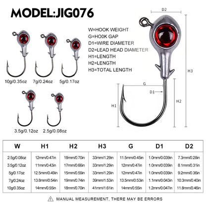 Size and weight specifications chart for PROBEROS JIG076 soft bait lead jig head hooks ranging from 2.5g to 10g.