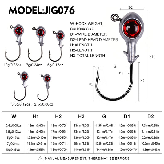 Size and weight specifications chart for PROBEROS JIG076 soft bait lead jig head hooks ranging from 2.5g to 10g.