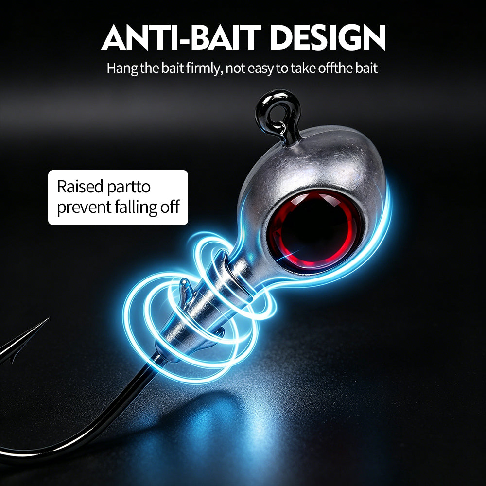 PROBEROS JIG076 jig head showing built-in anti-slip barbs that fix soft plastic worm lures firmly to prevent sliding.