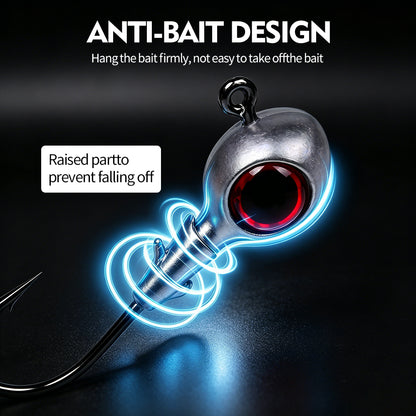 PROBEROS JIG076 jig head showing built-in anti-slip barbs that fix soft plastic worm lures firmly to prevent sliding.