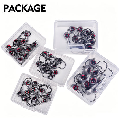 PROBEROS JIG076 3D eye lead jig head hooks packaged in a clear 10 PCS per PP box for organized tackle storage.