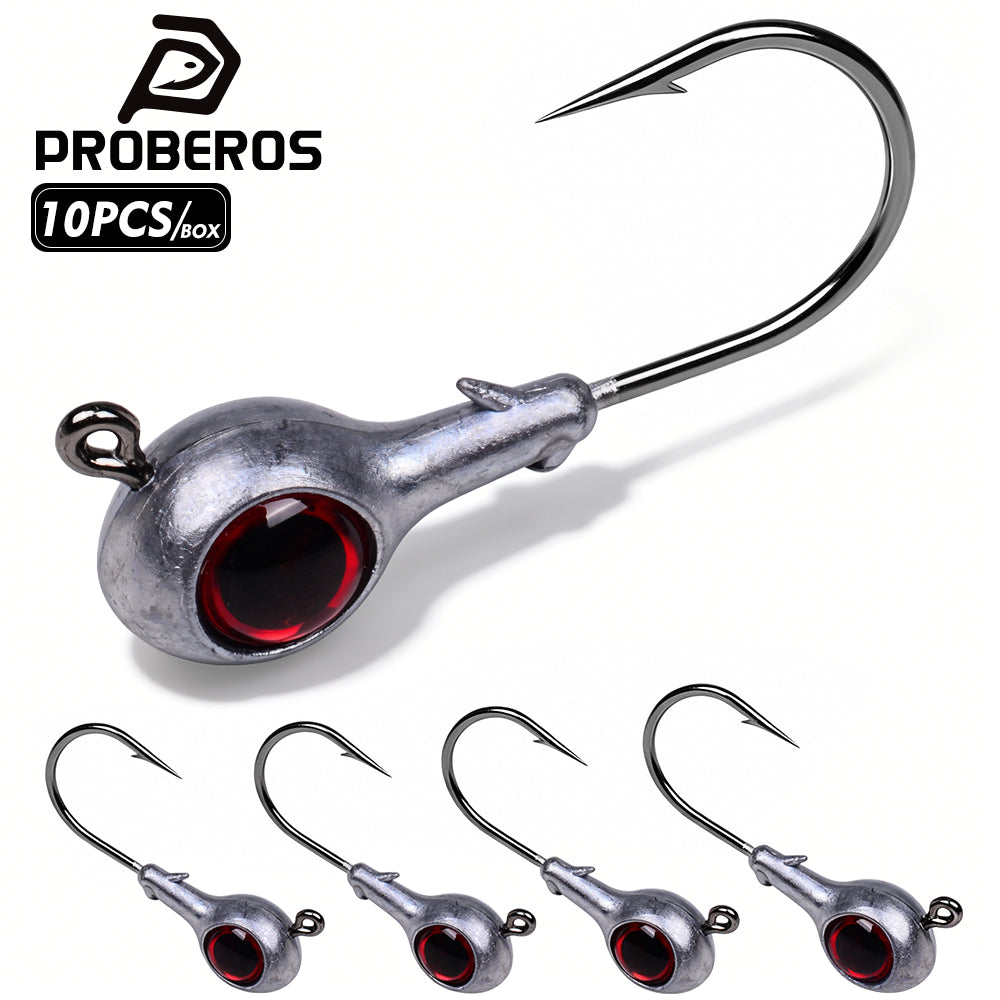 PROBEROS JIG076 lead jig head hooks featuring bright red 3D simulated fish eyes and sharp high carbon steel barbed single hooks.