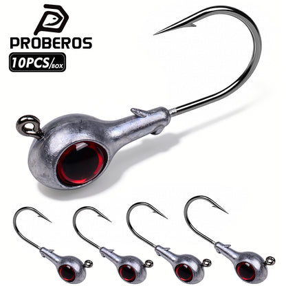 PROBEROS JIG076 lead jig head hooks featuring bright red 3D simulated fish eyes and sharp high carbon steel barbed single hooks.