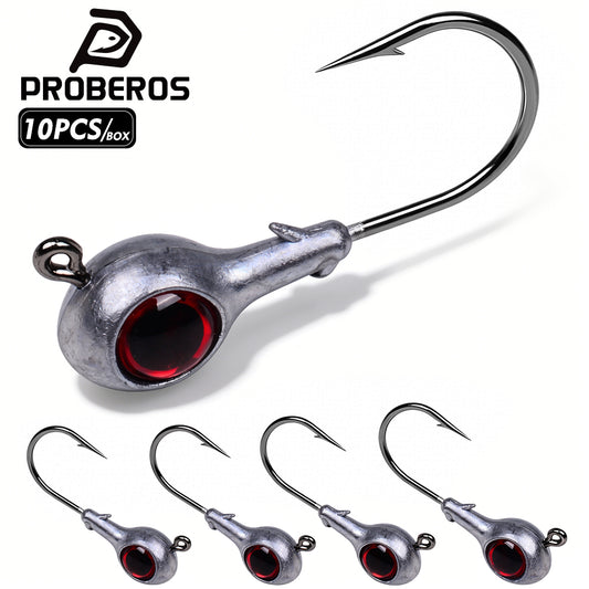 PROBEROS JIG076 lead jig head hooks featuring bright red 3D simulated fish eyes and sharp high carbon steel barbed single hooks.
