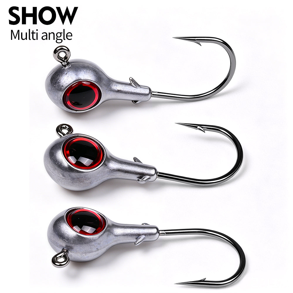 Lineup of PROBEROS JIG076 weighted lead head hooks showing different sizes for freshwater and saltwater fishing.