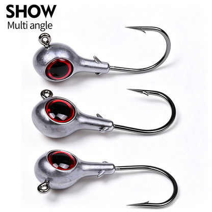 Lineup of PROBEROS JIG076 weighted lead head hooks showing different sizes for freshwater and saltwater fishing.