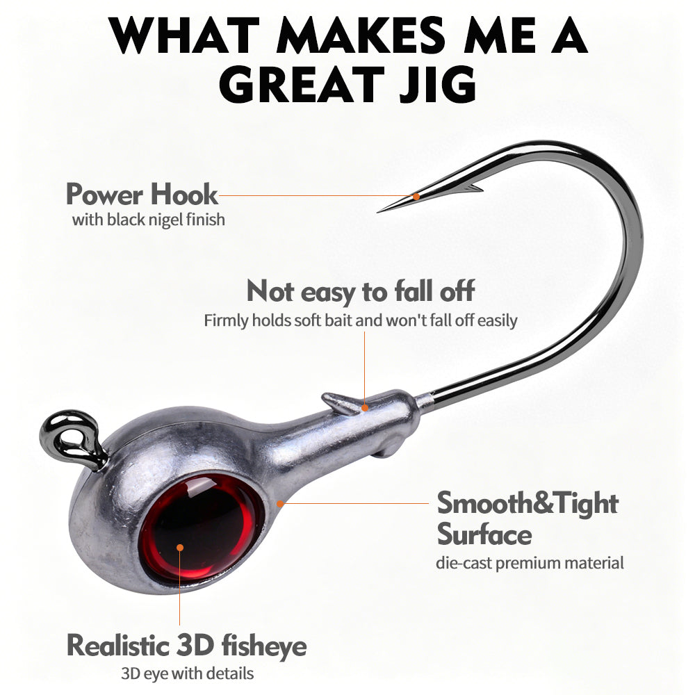 Close up of PROBEROS JIG076 streamlined round lead head designed to generate natural swimming posture for soft lures.