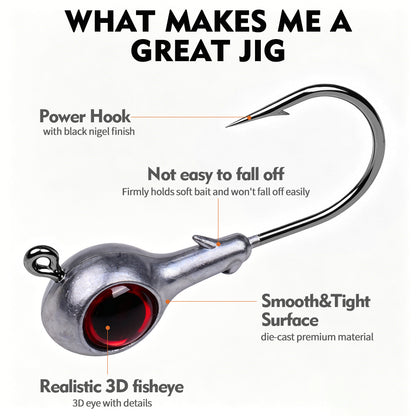 Close up of PROBEROS JIG076 streamlined round lead head designed to generate natural swimming posture for soft lures.
