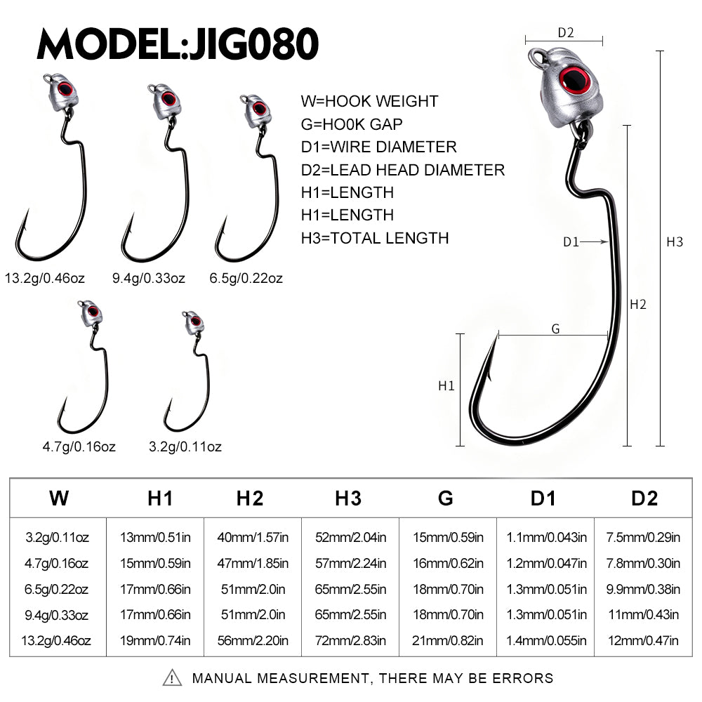 PROBEROS JIG080 offset jig hook sizes 3.2g 4.7g 6.5g 9.4g 13.2g chart