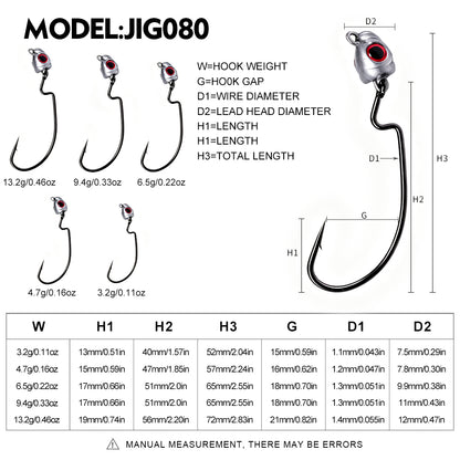 PROBEROS JIG080 offset jig hook sizes 3.2g 4.7g 6.5g 9.4g 13.2g chart