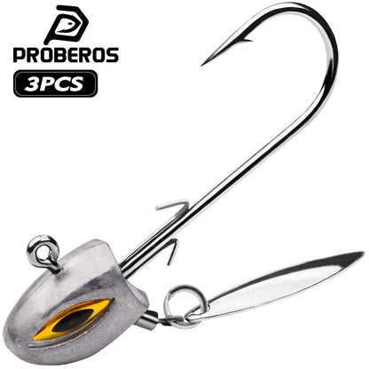 PROBEROS JIG081 underspin jig head featuring realistic 3D fish eyes and a flashing willow leaf spinner blade.