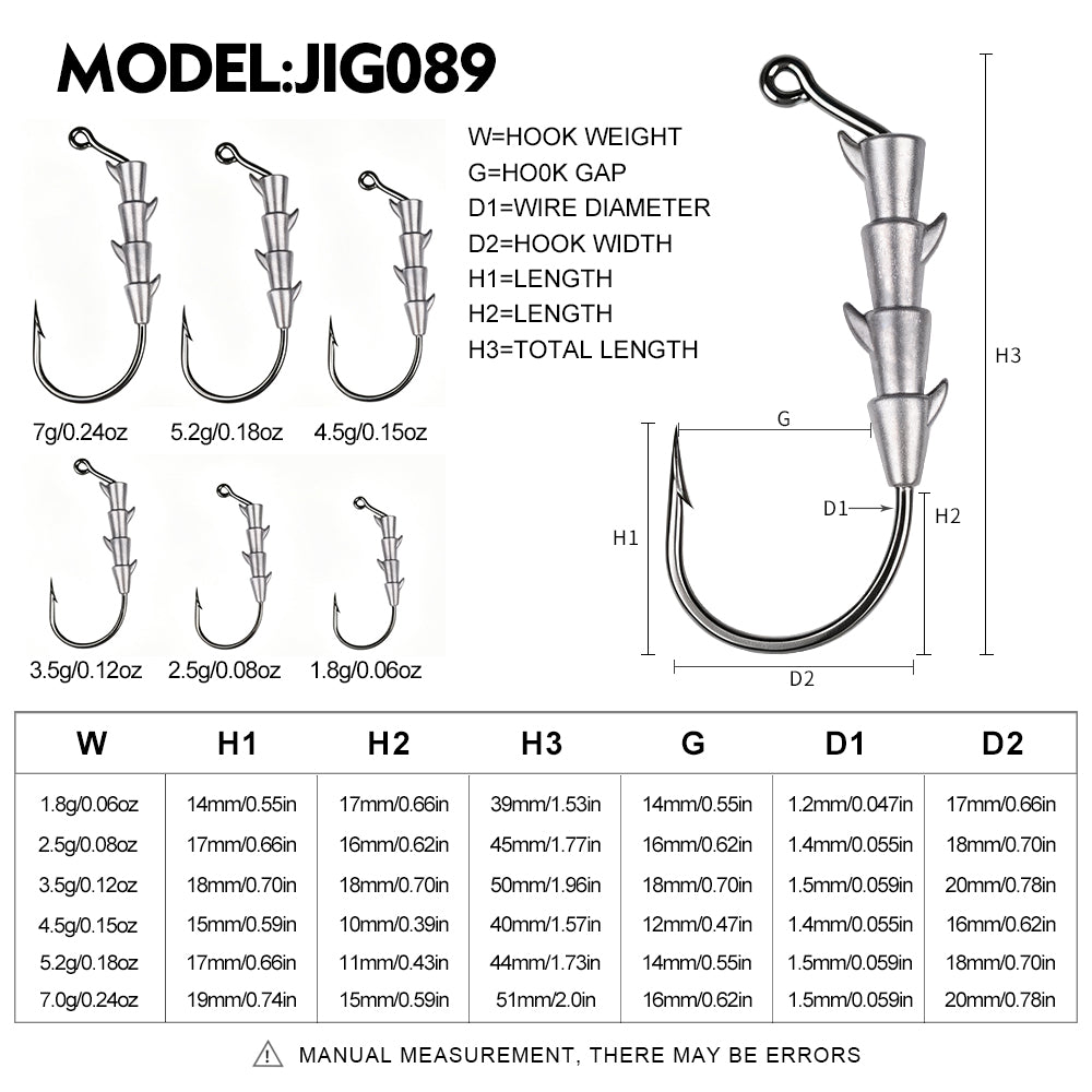 Size and weight specification chart for PROBEROS JIG089 lead jig hooks 1.8g to 7g
