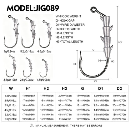 Size and weight specification chart for PROBEROS JIG089 lead jig hooks 1.8g to 7g