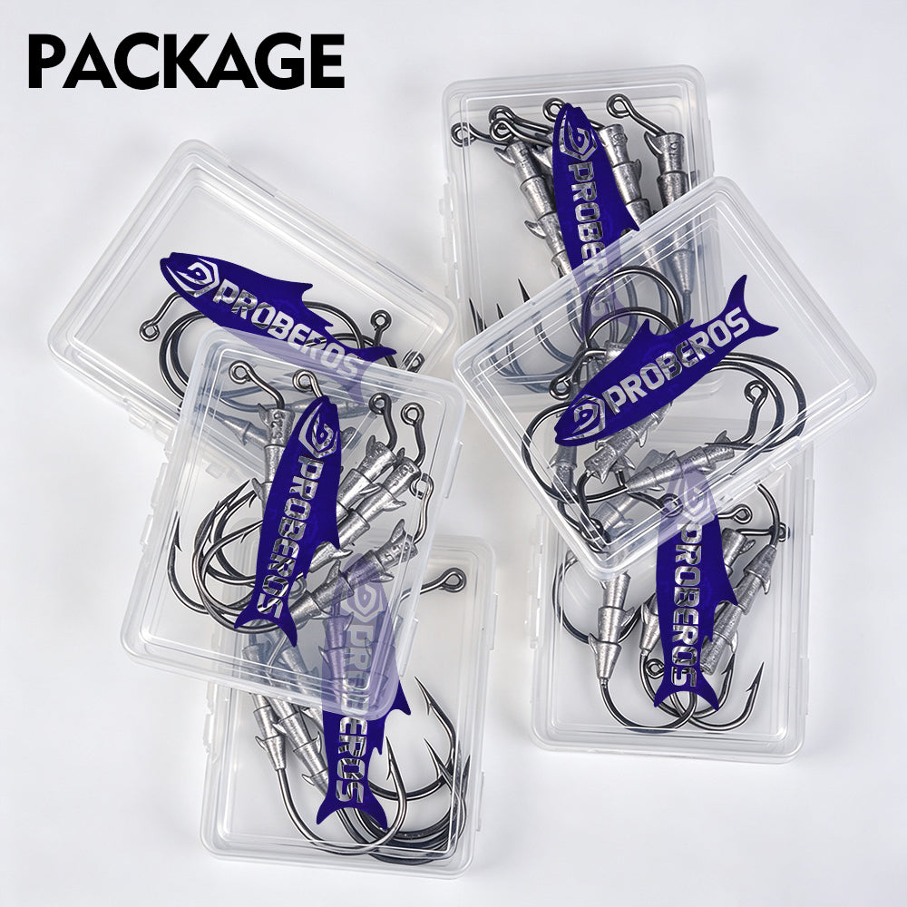 PROBEROS JIG089 multi-spike jig head hooks stored in clear PP tackle box