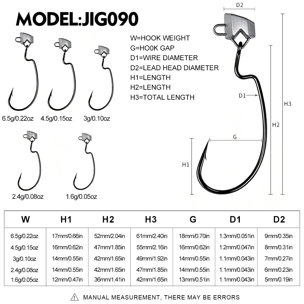 Size and weight chart for PROBEROS JIG090 offset lead jig hooks 1.6g to 6.5g