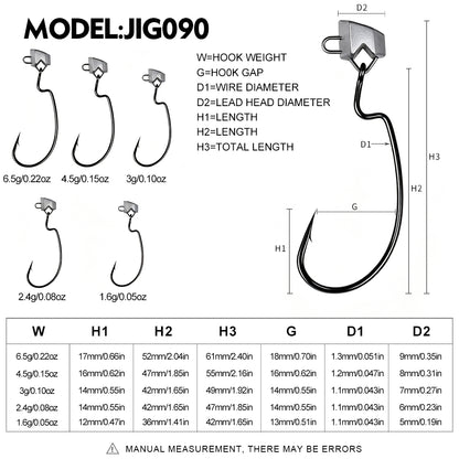 Size and weight chart for PROBEROS JIG090 offset lead jig hooks 1.6g to 6.5g