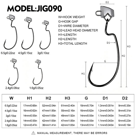 Size and weight chart for PROBEROS JIG090 offset lead jig hooks 1.6g to 6.5g
