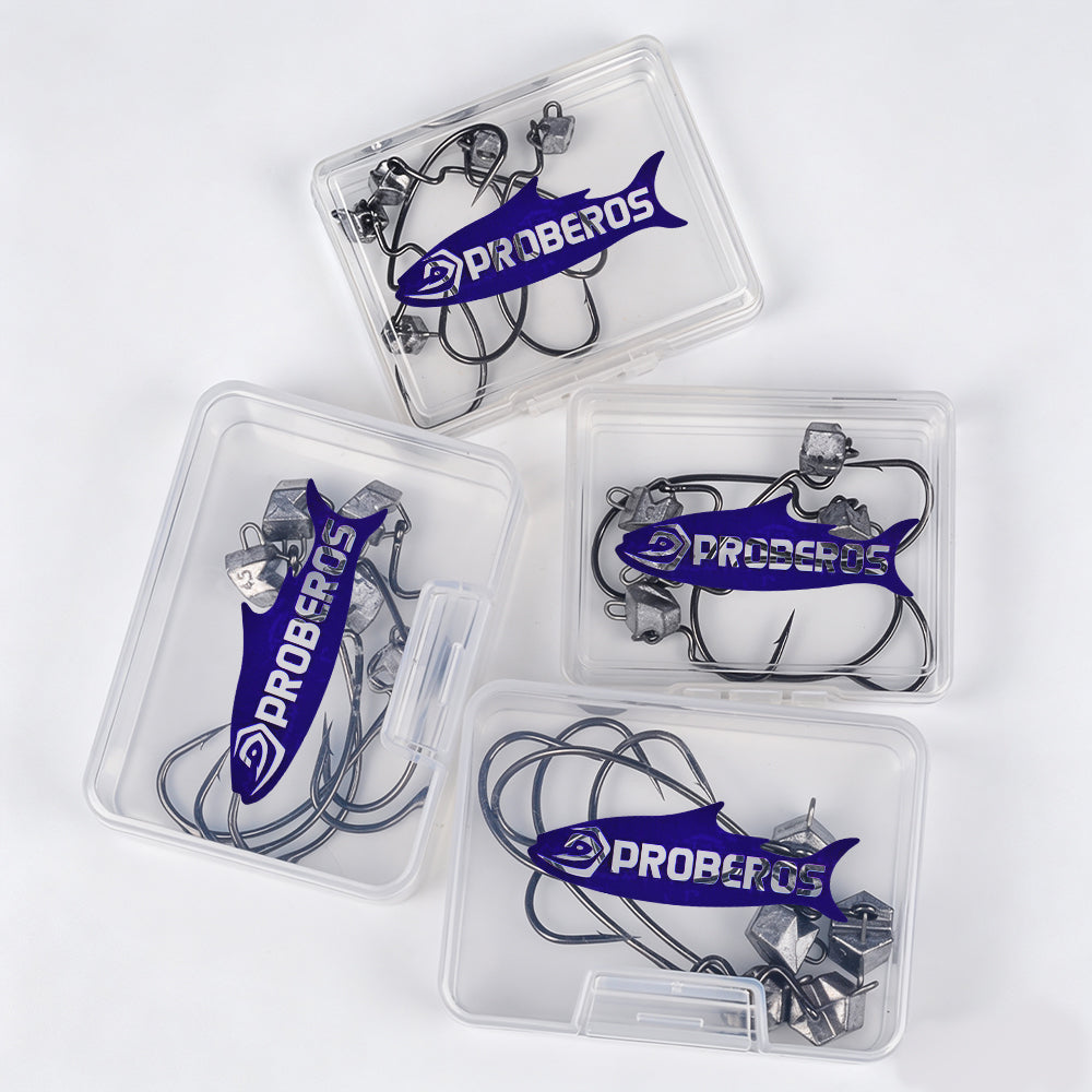 PROBEROS JIG090 triangle offset jig head hooks stored in clear tackle box