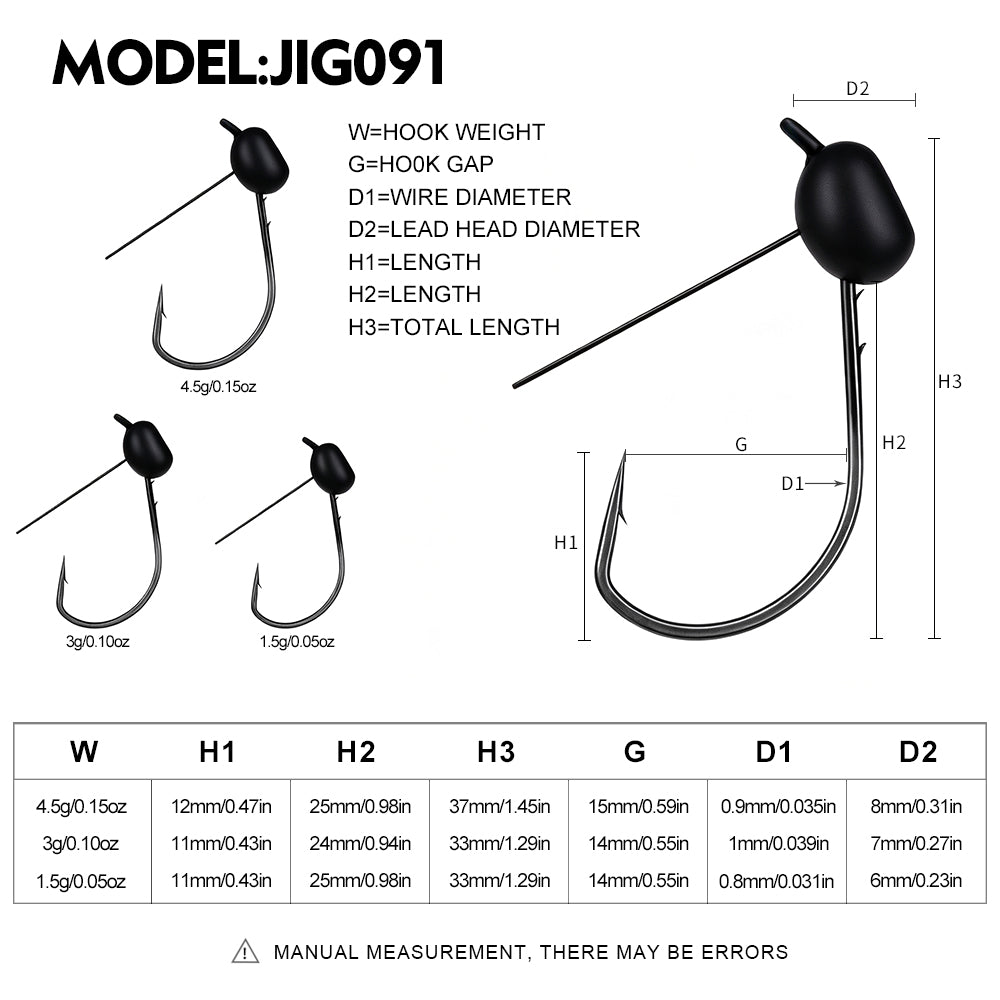 PROBEROS JIG091 Jig Head Hook Specifications Chart 1.5g 3g 4.5g