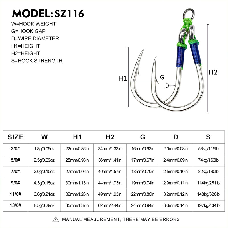 PROBEROS Jigging Double Assist Hook Size Specs Chart 3/0# to 13/0#
